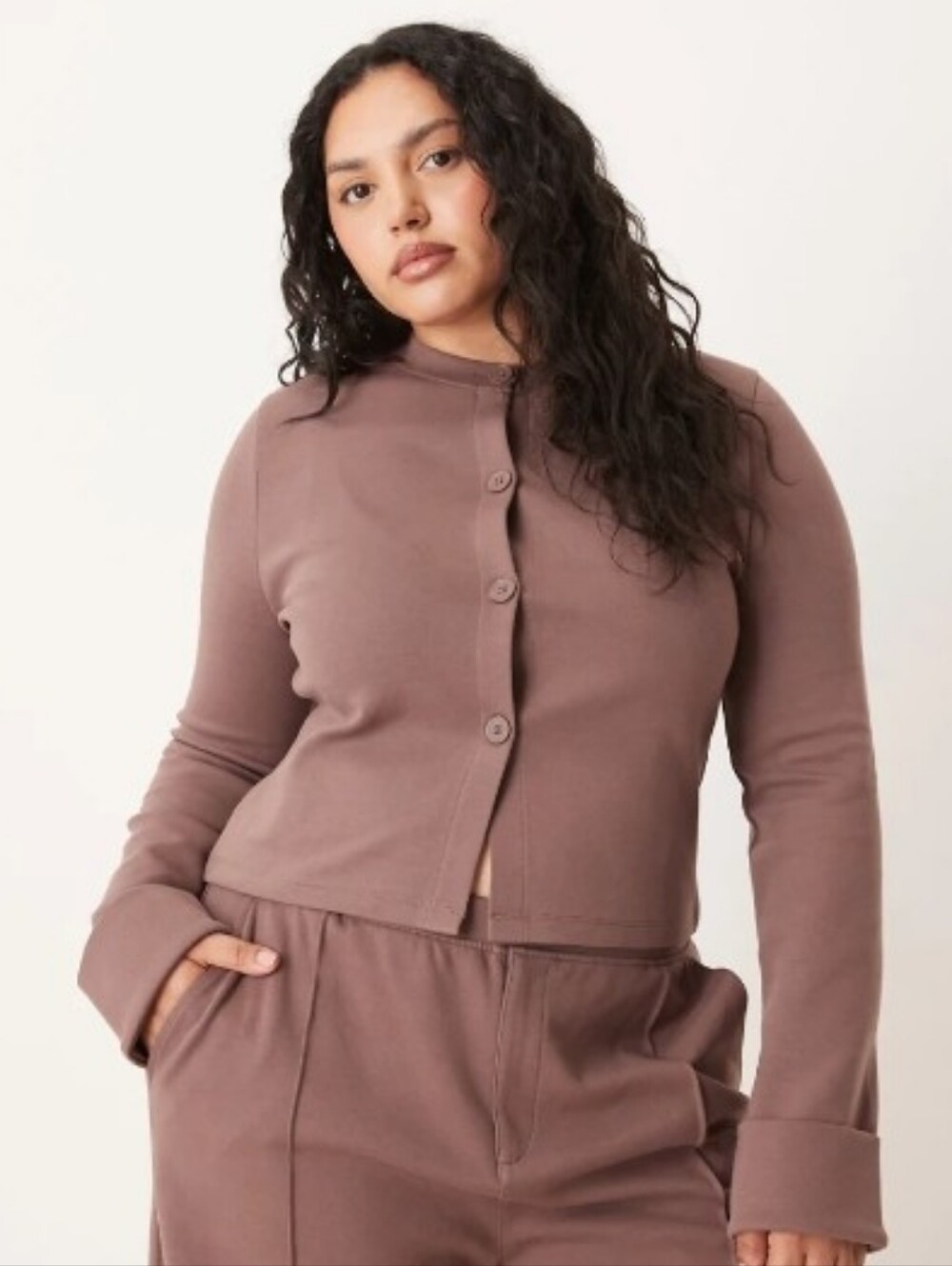 Curve Cardigan Button-Up Crop Cardigan with Cuff Sleeve